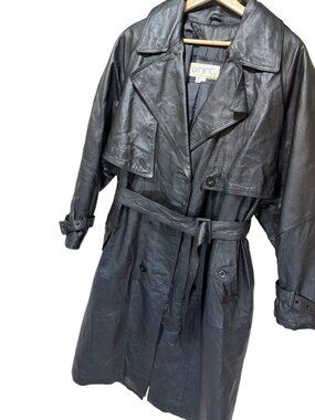 Comint Vintage 80s Belted Long Black Leather Trench Coat L Double Breasted